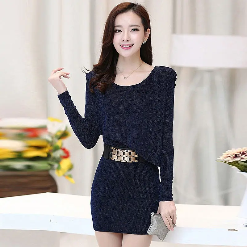 

Women's Spring Autumn Style Dress Women's O-Neck Solid Color Fake Two Pieces Long Sleeve Korean Elegant Dress AA3453