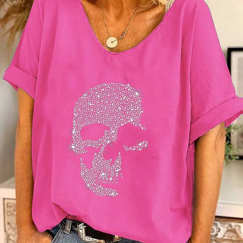 

Skull Rhinestone Print Woman T-shirt Sexy V-neck Short-sleeved Tops Spring Summer Female Strap Skull Print Loose Casual T-shirts