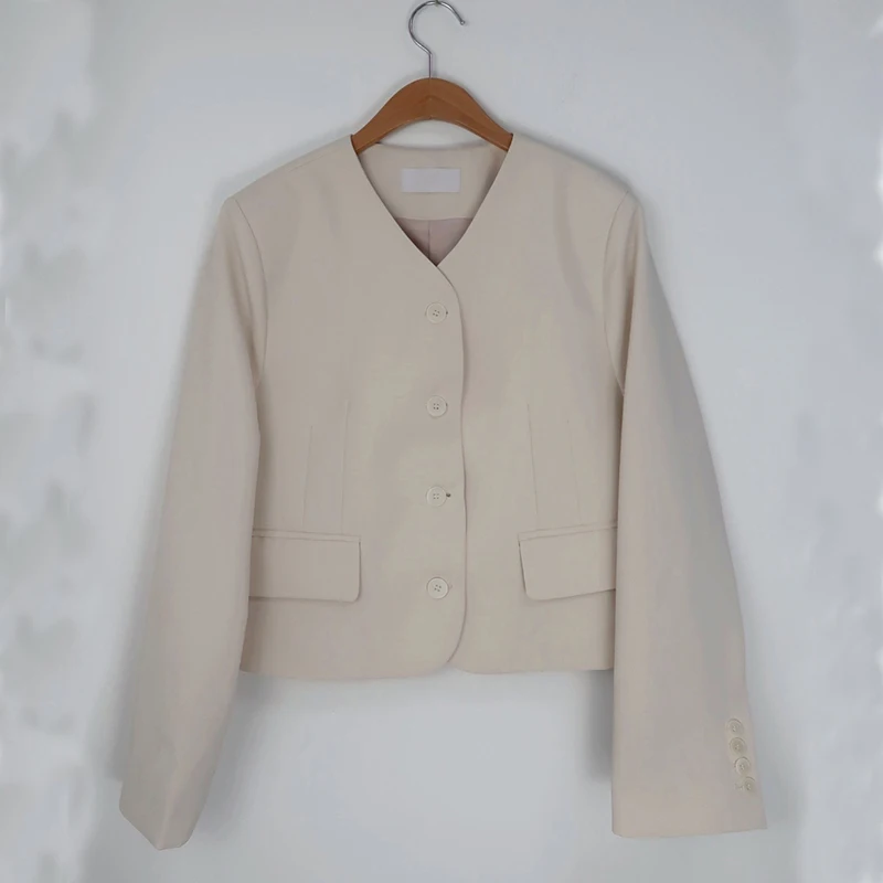 

Chic V Neck Loose Female Short Blazer Tops OL Sungtin Single Button Office Lady Women Korean Fashion Cropped Blazer Jackets