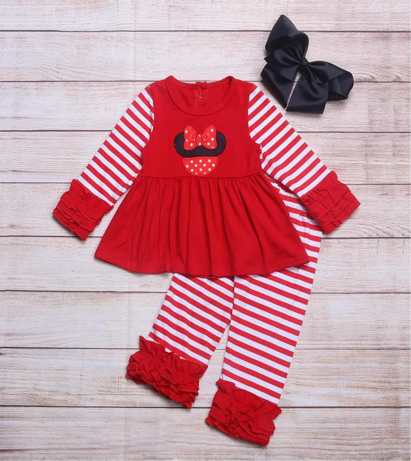 

Hot Sale Wholesale Kids Clothing Set Cheap Cute Red Bear Tops Dress + Baby Girls Black Leggings Pants For Spring Boutique Outfit