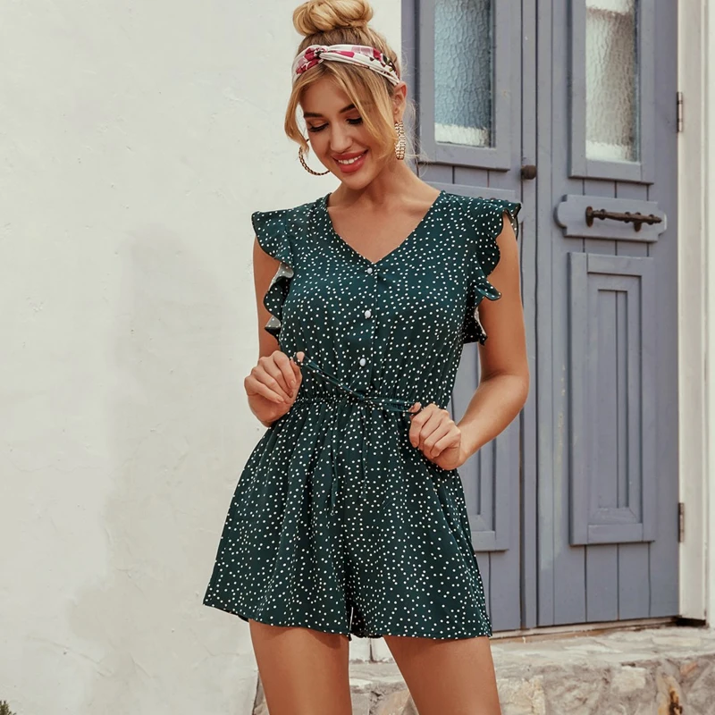 Женский комбинезон в горошек короткий зеленый с оборками и поясом на резинке
