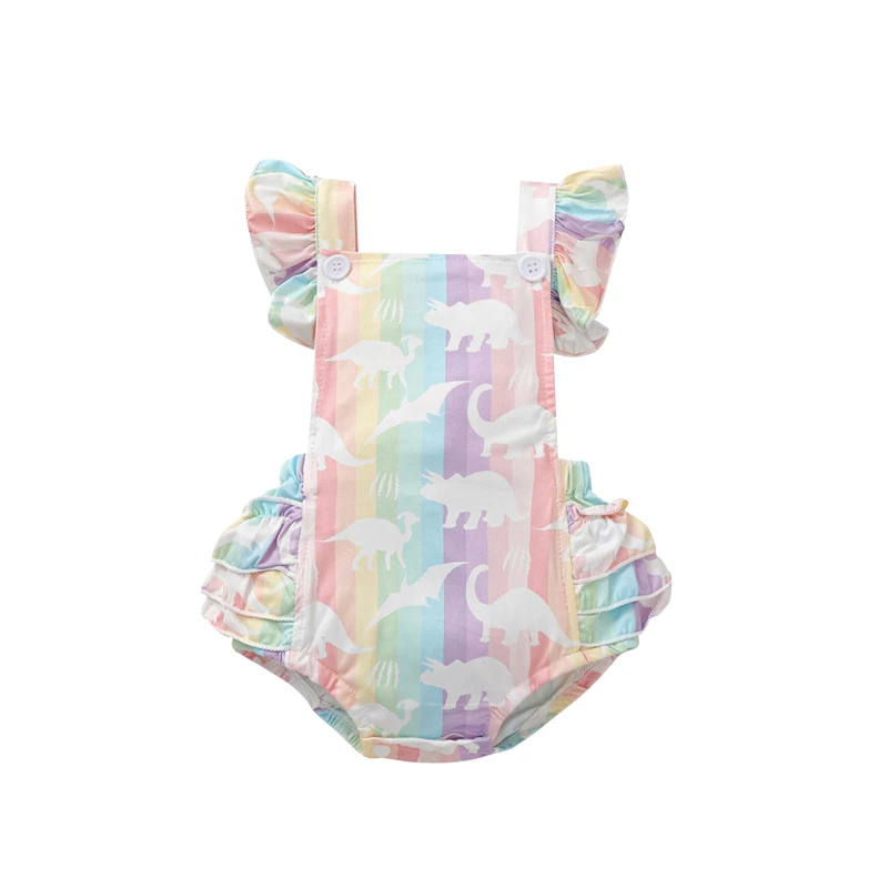 

2021 Baby Girl’s Sweet Ruffles Fly Sleeve Bodysuit Fashion Dinosaur Rainbow Stripe Backless Jumpsuits Newborn Girl Clothes