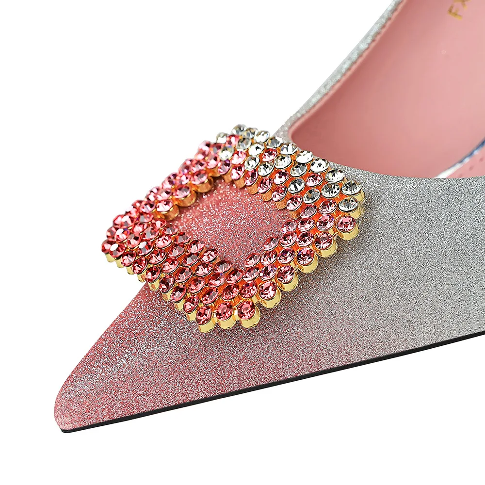 

Sexy Banquet Stiletto High-heeled Shallow Mouth Pointed Toe Color Gradient Rhinestone Buckle Single Shoes Women