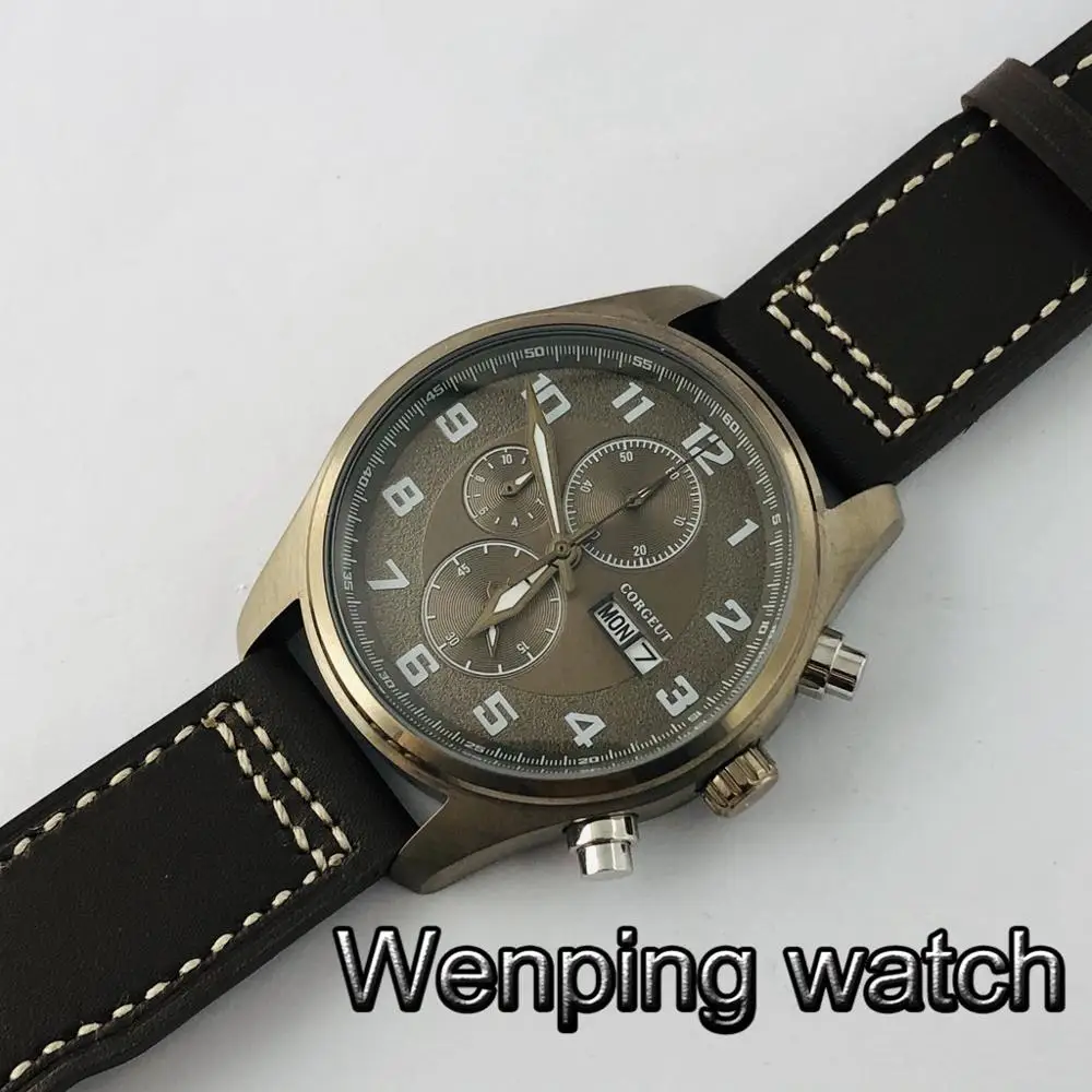 Corgeut 41 мм часы хронограф с медным покрытием чехол циферблатом Дата Неделя