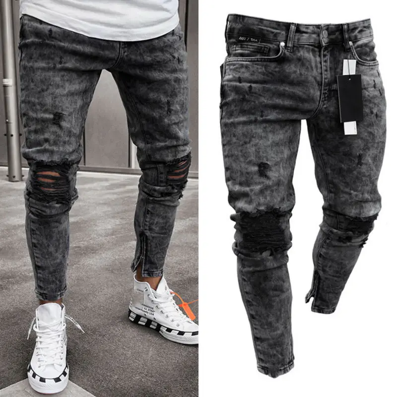 

Men Skinny Ripped Jeans Stretch Slim Fit Biker Denim Distressed Trousers Casual