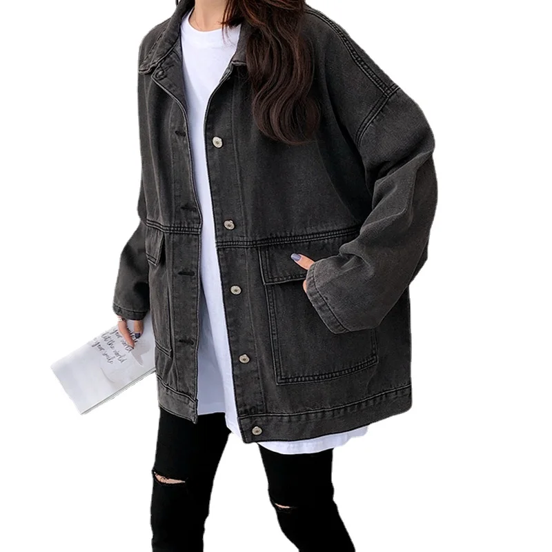 

2 Colors Women's Casual Jean Coats Autumn Women Loose Denim Jacket Long Sleeve Loose Female Girls Outwear Oversize Woman Jacket