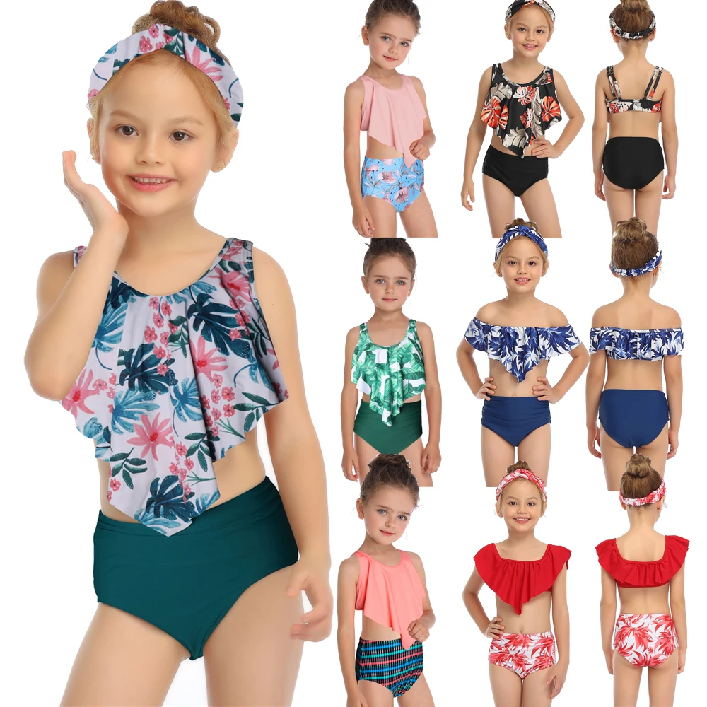 

2021 Toddler Girls Kids Baby Pink Ruffled High Waist Bikini Sets Swimsuit Children Swimsuits Swim Bathing Suits 2-14 Years