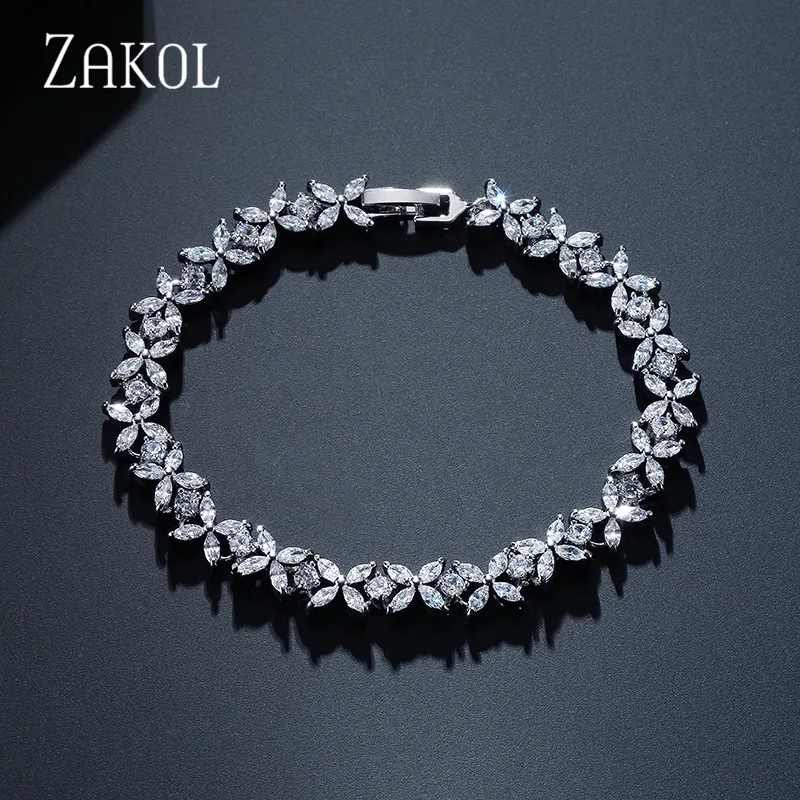 ZAKOL, классические белые браслеты с огранкой маркизы, кубическим цирконием, цепочка и звенья, браслеты с цветами, свадебные украшения для женщин FSBP094