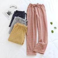 japanese new spring and autumn couples cotton crepe cloth plaid trousers men and women large size home pants simple casual pants
