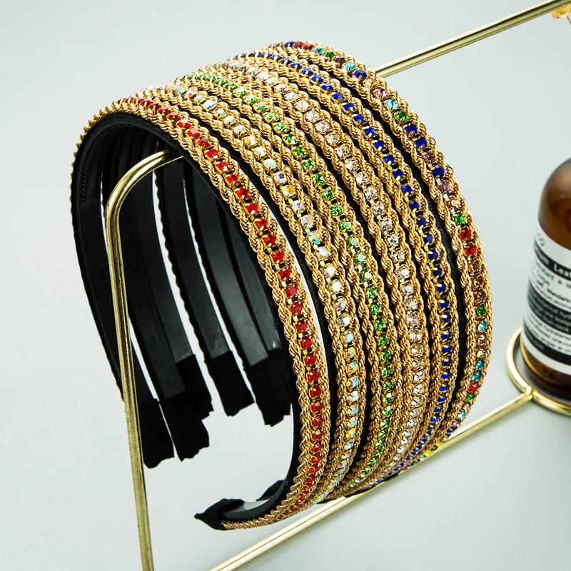 

Elegant Korean Gold Color Chain Headband for Woman Luxury Sparkly Multi Color Rhinestone Beaded Hairband Girls Party Tiara Bezel