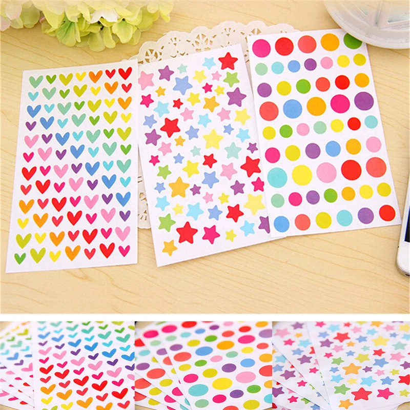 

6 Sheets/set Colorful Seal Cute Five-pointed Star Love-Heart Dot Scrapbooking Decoration Paper Stickers Stationery ZMONH