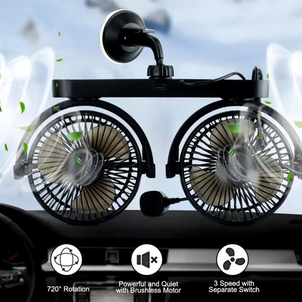 

12V/24V 360 Degree All-Round Adjustable Car Air Cooling Dual Head Sucker Fan Low Noise Car Cooling Fan