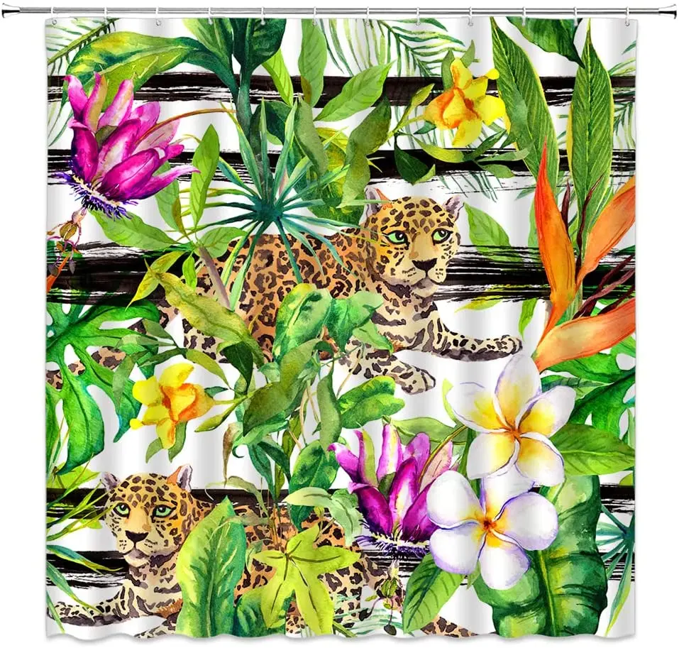 

Леопардовая занавеска для душа с пальмовыми листьями, тропические акварельные зеленые растения, дикая природа, черно-белые полосатые украш...