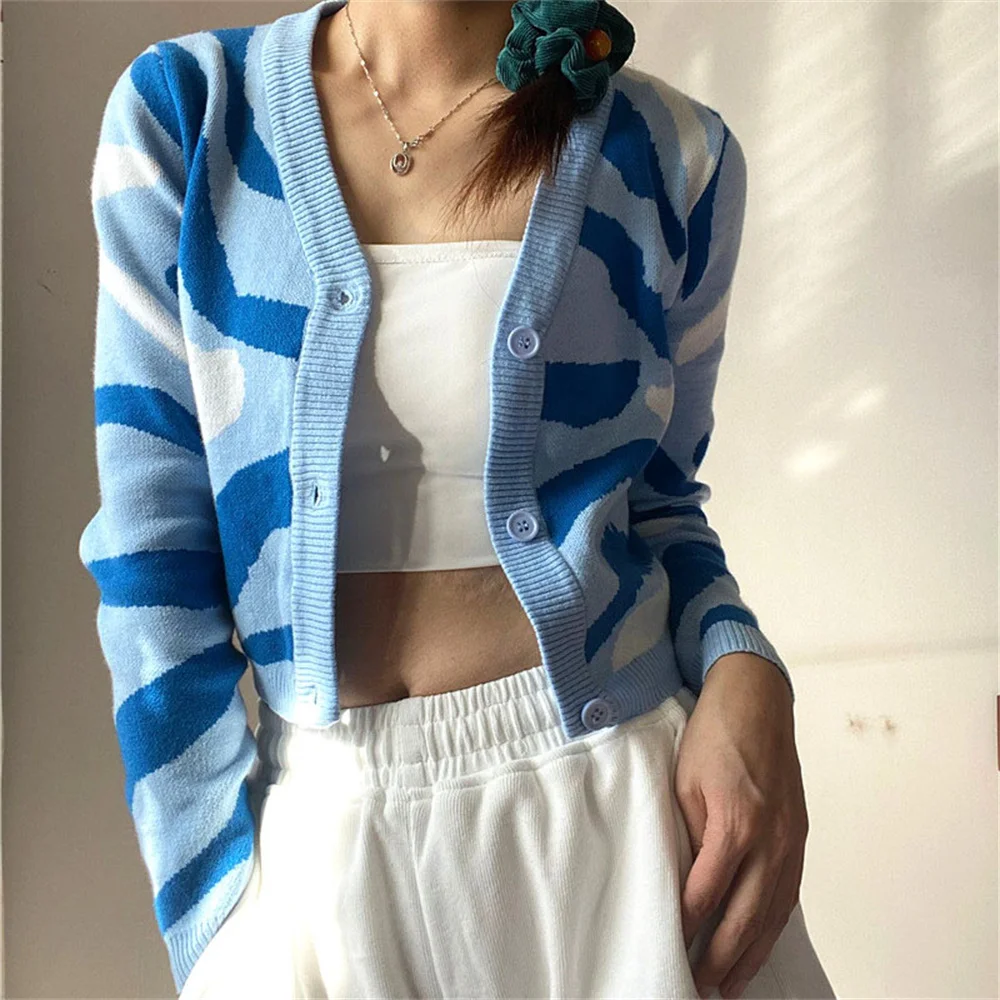 

Women Autumn Winter Top Casual Camouflage Color Long Sleeve Cropped Single-breasted Knitted Sweater Female Slim Clothes Cardigan