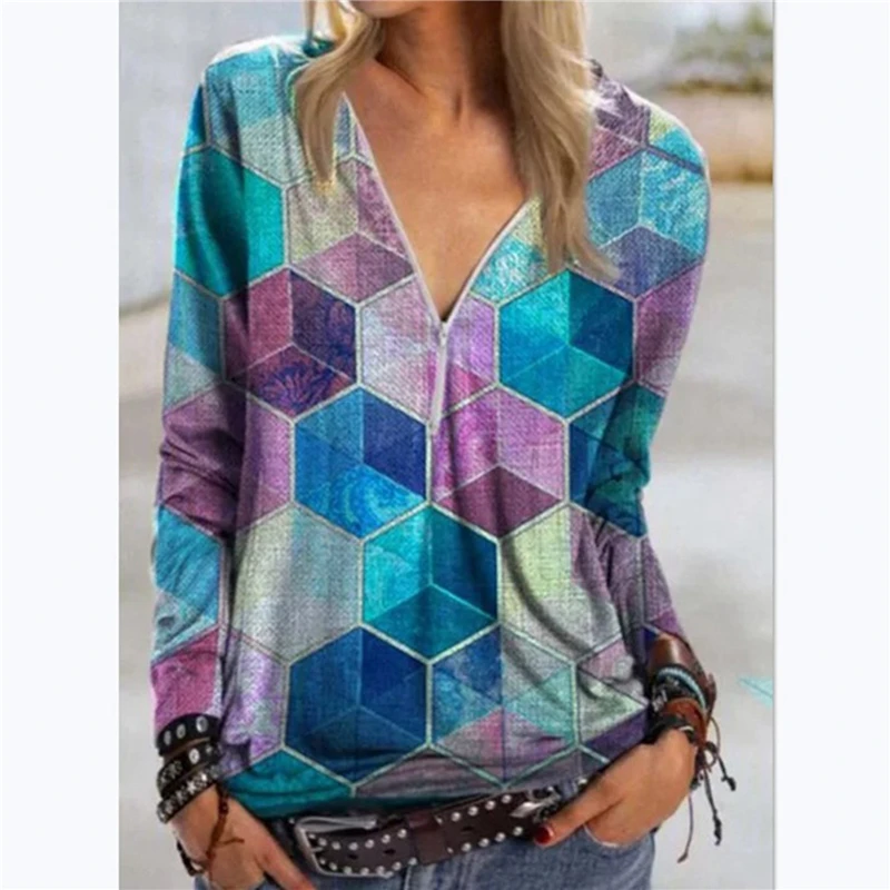 

Autumn Spring Women's Long-sleeved Tops New Casual Loose Ladies V-neck Sweaters Stitching Geometric Pattern Women's Tops Sweater