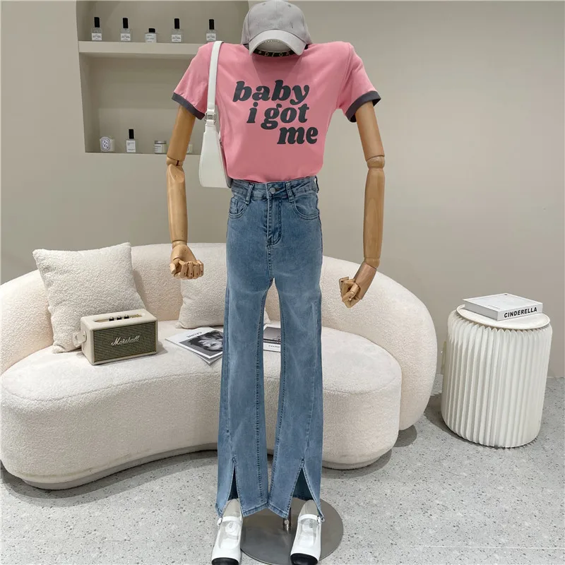 

Women's Spring Summer 2021 Niche Design Fashion Letter Print Color Matching Round Neck Short Sleeve Slim T-shirt