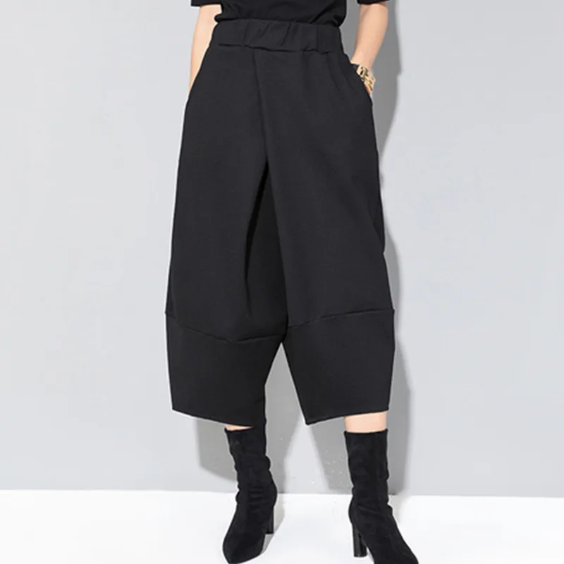 

New 2020 European Solid Black Elastic Waist Casual Harem Calf Length Pants Women Punk Baggy Pants Streetwear Fashion Trousers
