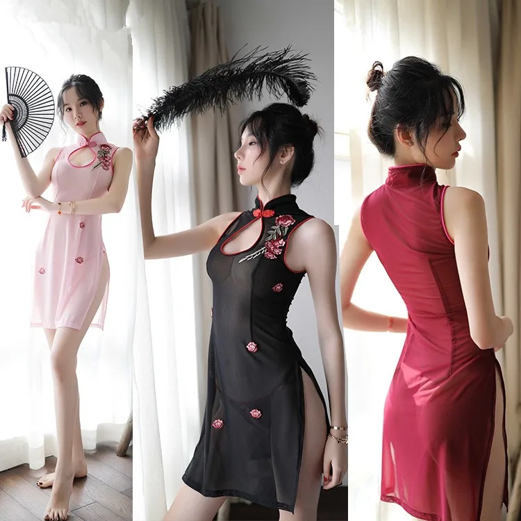 Китайское платье Чонсам Для женщин вышивка Cheongsam Qipao Прозрачная сетка Babydoll