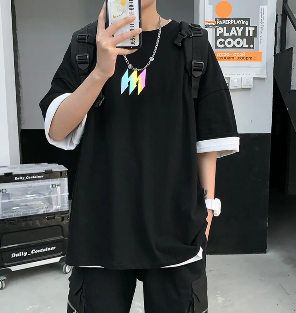 

Men's Summer Fashion Loose Short Sleeve Korean Style Reflective Printing Design T-shirt Round Neck Tops Tee