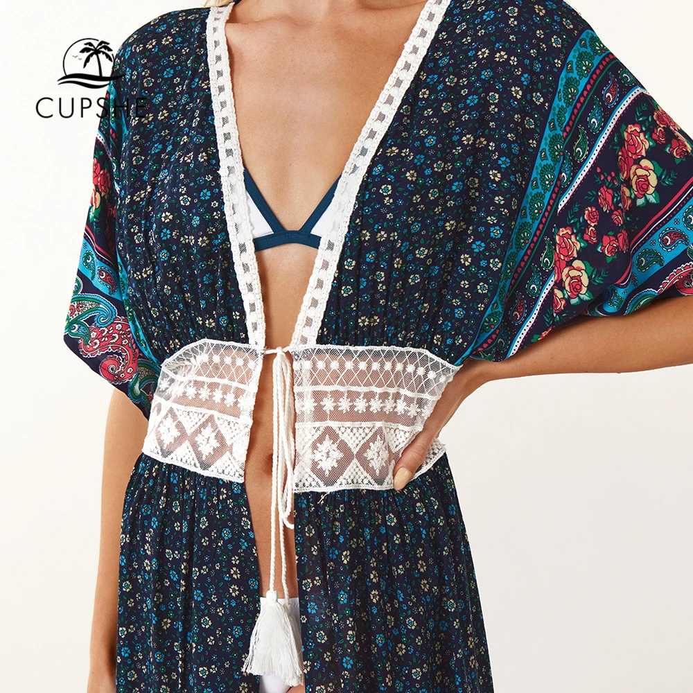cupshe boho crochet kimono cover up woman sexy short sleeve lace up beach bathrobe cape 2021 summer robe bathing suit beachwear free global shipping