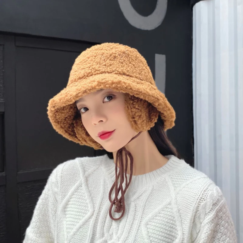 Korean Fashion Hats Women Autumn Winter Bucket Hats Warm Lamb Plush Soft Fisherman Hat Harajuku Casual Caps Female Lady Flat