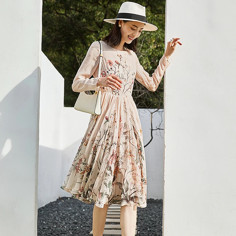 

Женское легкое платье из 100% шелка, повседневное стильное платье с цветочным принтом, круглым вырезом и длинным рукавом, новая мода