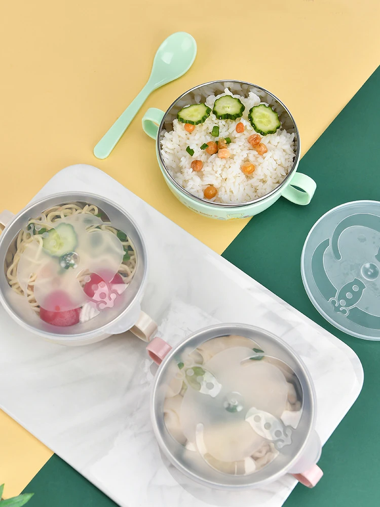

Baby Feeding Bowl Stainless Steel Cartoon Anti falling Thermal Food Set Double Layer Bowl With Cover Spoon dishes set