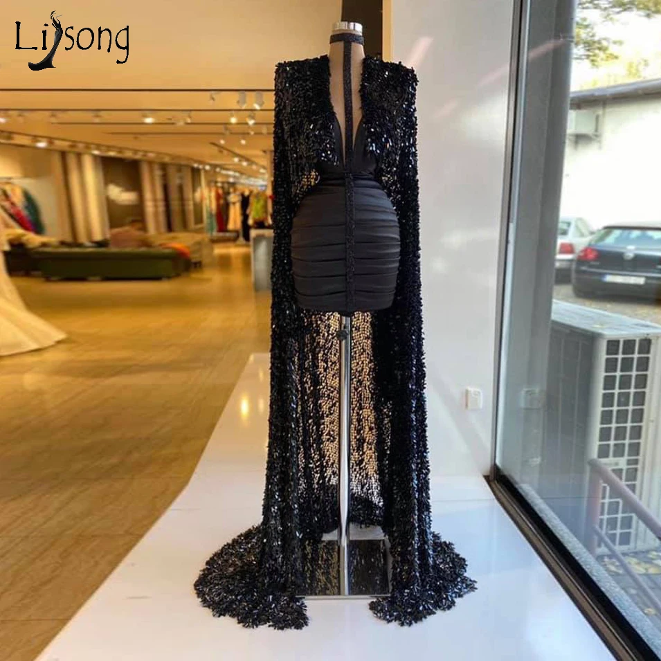 

Newest Shiny Black Sequined Evening Dresses With Long Cape Sheath Sexy Women Dresses Deep V-neck 2 Pieces Formal Gowns