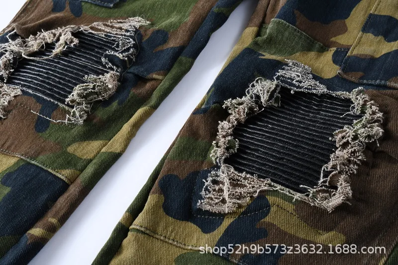 

4 High Street Fashion Brand Autumn AMIRI Jeans Men's Personality Patch Camouflage Hole Stretch Slim Pants Large Size