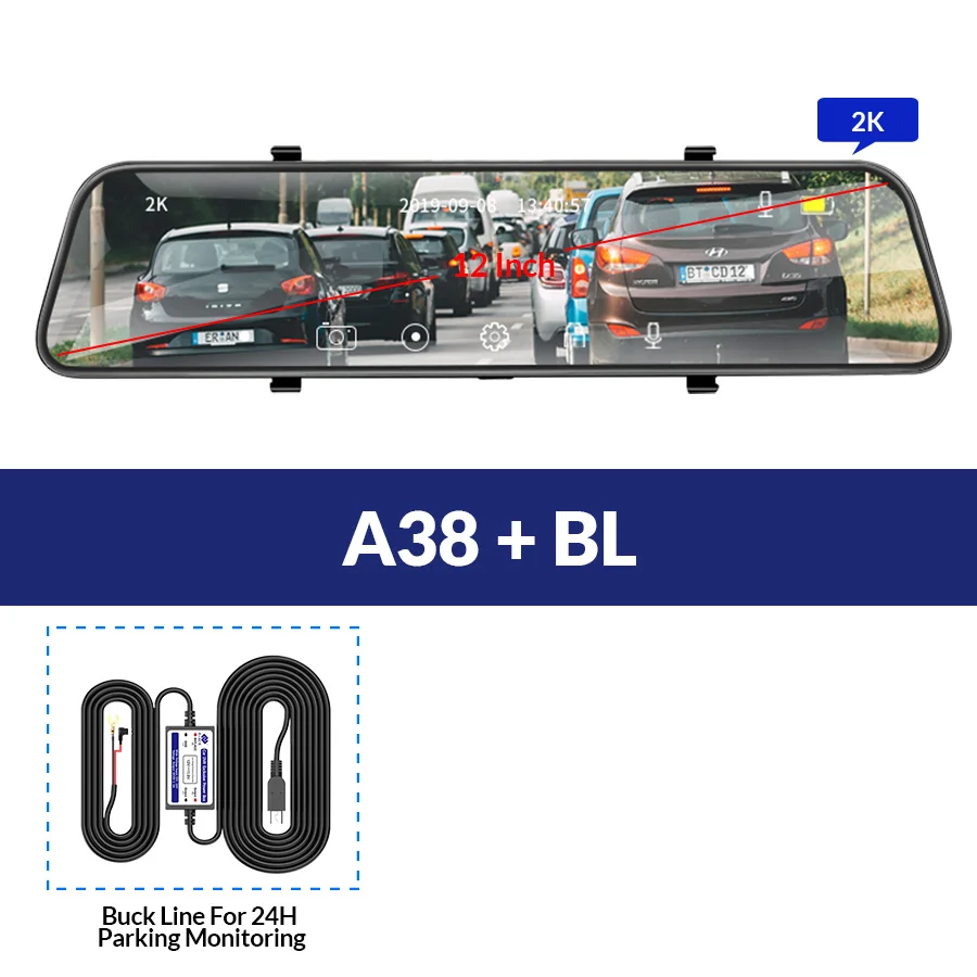 E-ACE A38 Автомобильный видеорегистратор 1" Сенсорное зеркало заднего вида 2K Dashcam с камерой заднего вида FHD 1080P Автомобильная камера с двумя объективами видео Dvr рекордер - Название цвета: A38-BL