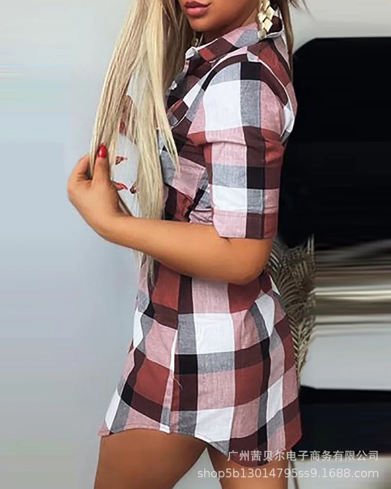 

Dress 2021 new red plaid 5 / 4 sleeve drawstring shirt skirt