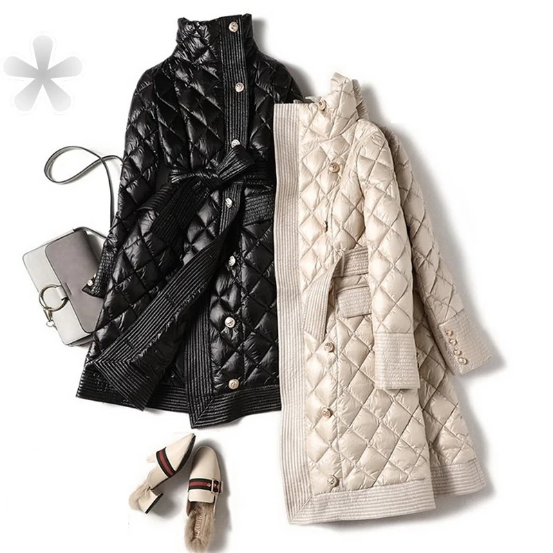 Зимняя блестящая куртка высокого качества Женская приталенная средней длины с