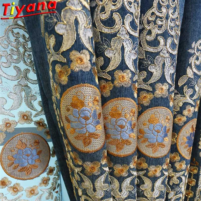 Royal European chenille Window Drapes for Villas Blue Luxury Embroidery Blackout Curtains Living Room Bedroom X-M209#30 | Дом и сад