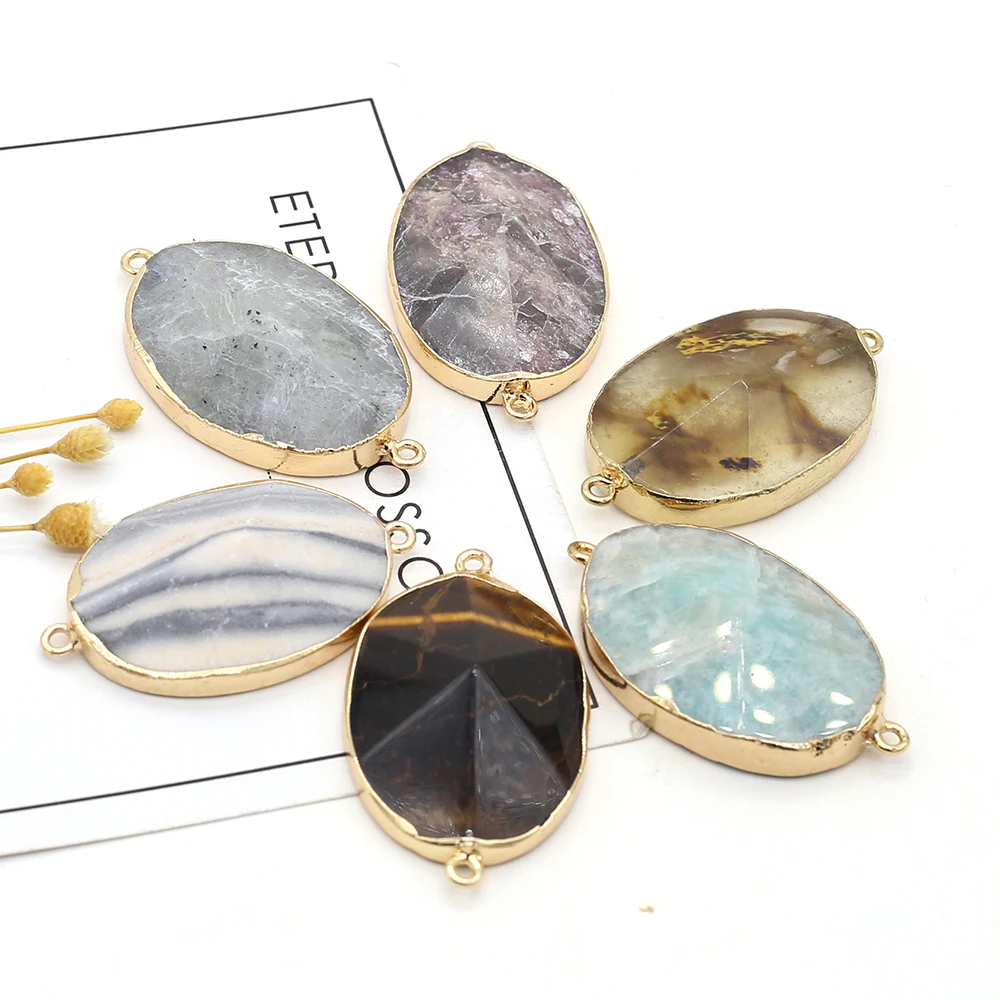 Купи Pendant Connector Handmade Double Hole Oval Natural Stone Amethyst Amazonite Charms for Diy Necklace Jewellery Crafts Wholesale за 176 рублей в магазине AliExpress