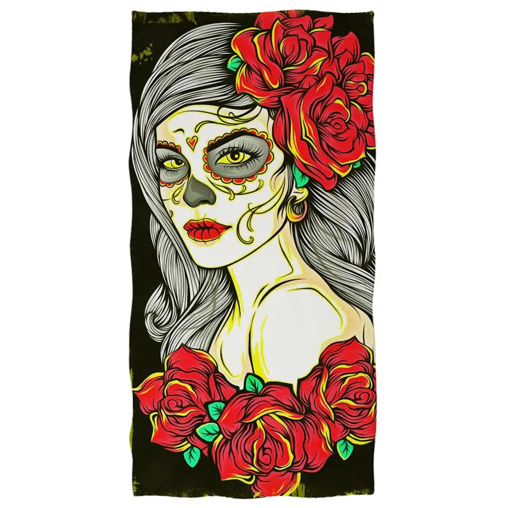 

Цветное женское пляжное полотенце HUGSIDEA с рисунком черепа и цветов, быстросохнущее одеяло для лица из микрофибры, впитывающее полотенце для ...