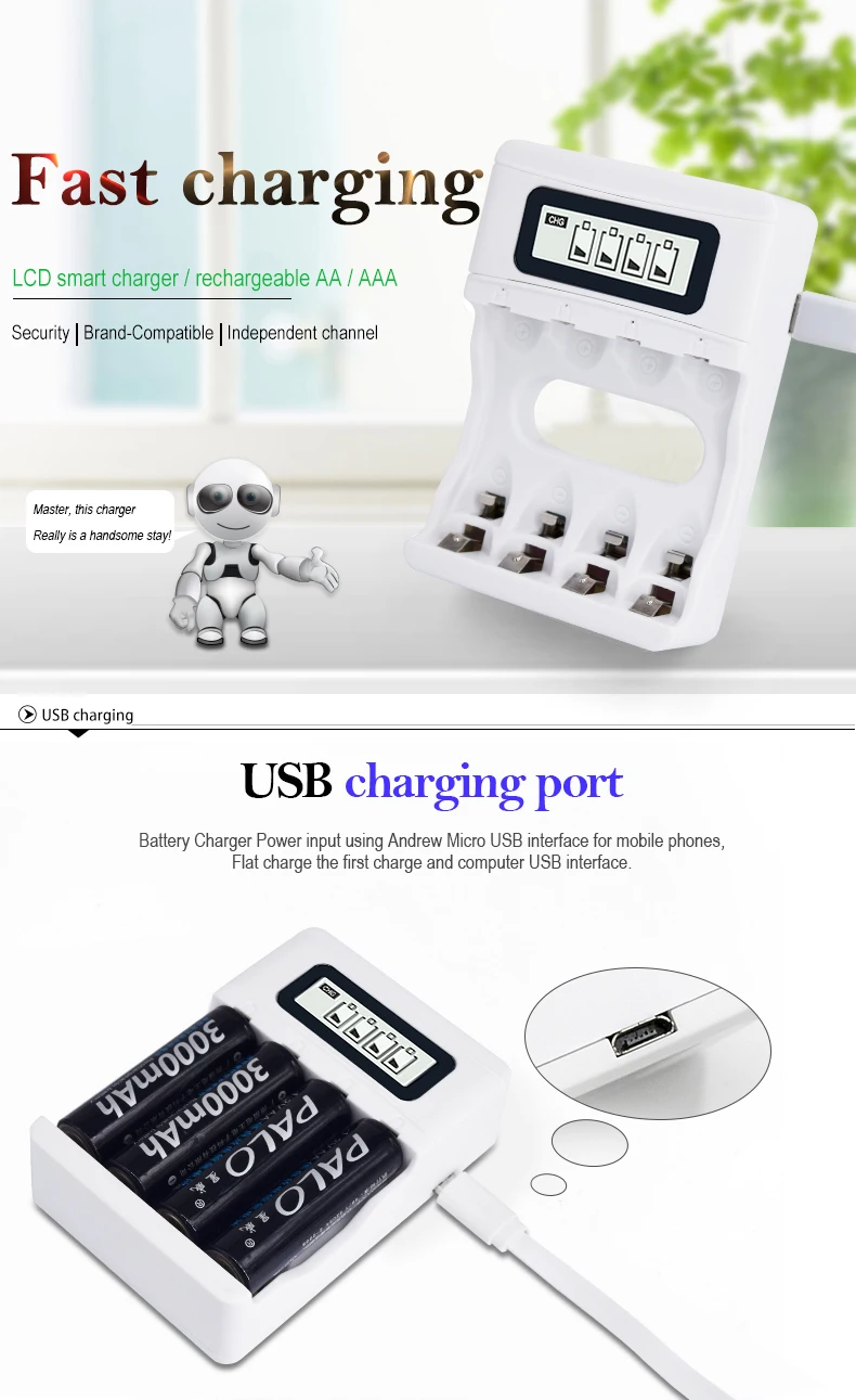 PALO USB зарядное устройство для AA AAA 3A 1,2 в Ni-MH Ni-Cd аккумуляторы ЖК-экран Смарт зарядное устройство Быстрая зарядка