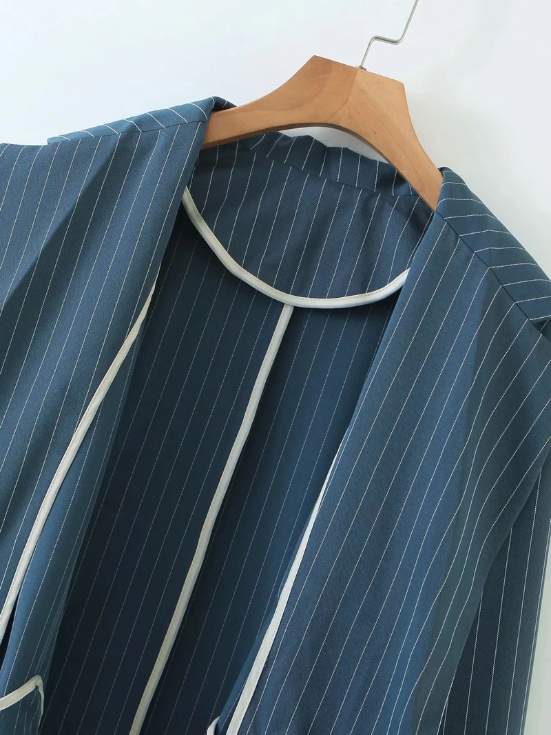 

Breasted Notched Long Sleeve Office Lady Coat High Street Outerwear Womens Striped Blazer Jackets Spring Autumn Double