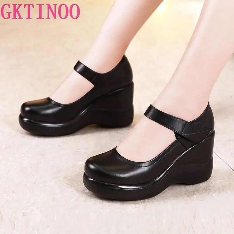 

GKTINOO Round Toe Wedge Pumps Women Shoes Mary Jane Shoes Thick Bottom Leather Shoes Platform Pumps Fashion Brand New Large Size