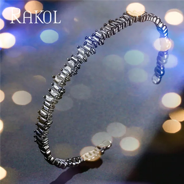 RAKOL AAA+ кубический цирконий багет Bijoux манжета Теннисный браслет и браслет с розовым золотом женские свадебные ювелирные изделия - Окраска металла: Black