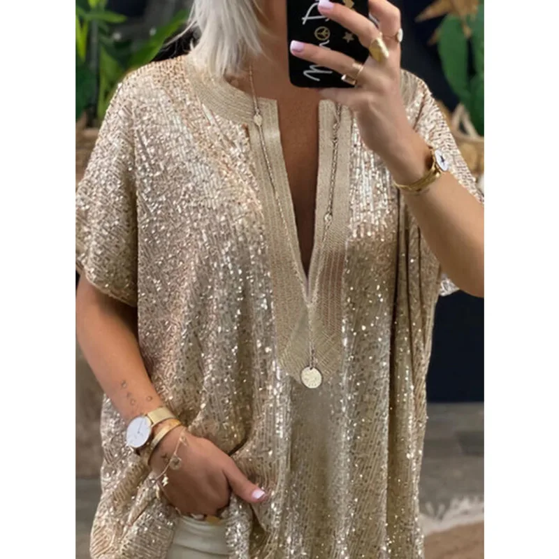

Elegant Women 2021 Sequins T-Shirt Summer Casual V Neck Short Sleeve Loose Chic Women's Tee Shirt Gold Sexy T Shirts Sequin Tops