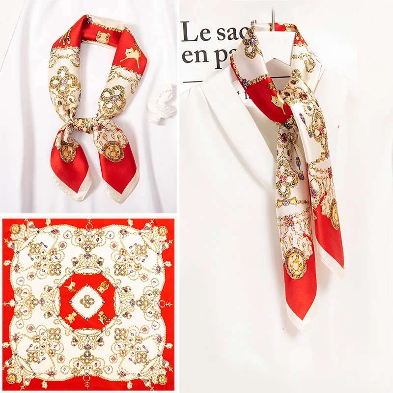 

100% Real Silk Square Scarf Women Small Bandana Silk Hair Scarf Foulard Femme Hangzhou Natural Silk Red Print Headscarf 65X65cm