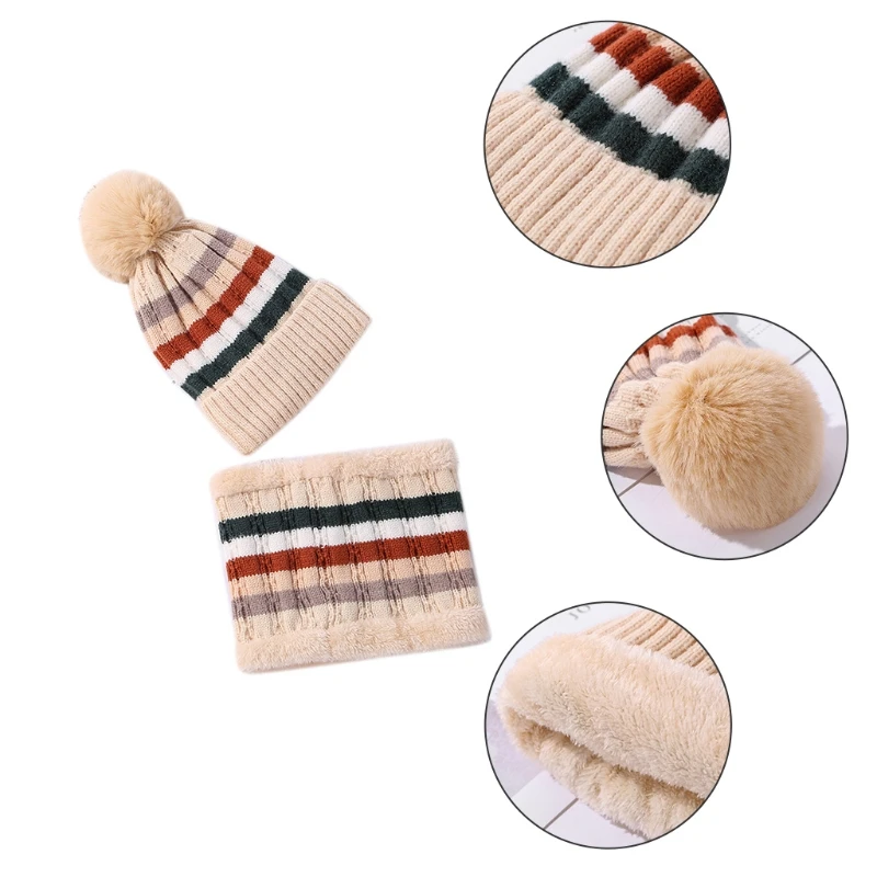 

Женский Зимний вязаный комплект из искусственного флиса, вязаная шапка с помпоном, Набор цветных полосатых шарфов Q1QA