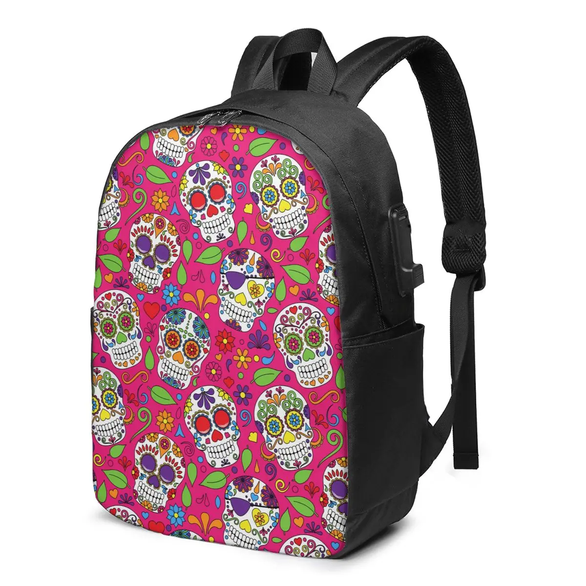 

Рюкзак с USB-зарядкой для мужчин и женщин, школьный ранец с изображением дня мертвецов и черепа из сахара для девочек и мальчиков, дорожный по...