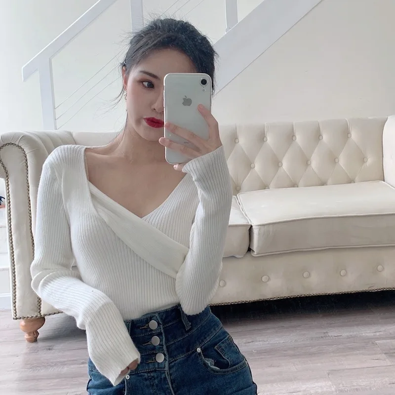 

Ins Hipster Fashion Brand Casual Korean Style Pullovers Slim Knitted Ladies Tops V-neck Sweater Women Spring Autumn New Moda