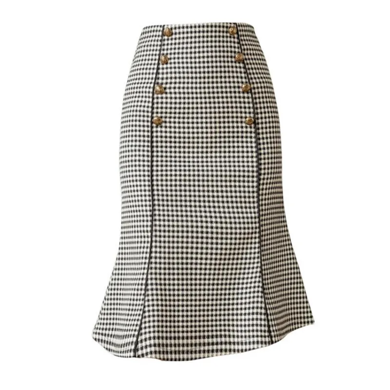 

Vintage Plaid Woolen Trumpet Skirt Women New Autumn Winter High Waist OL Package Hip Mermaid Skirt s1678