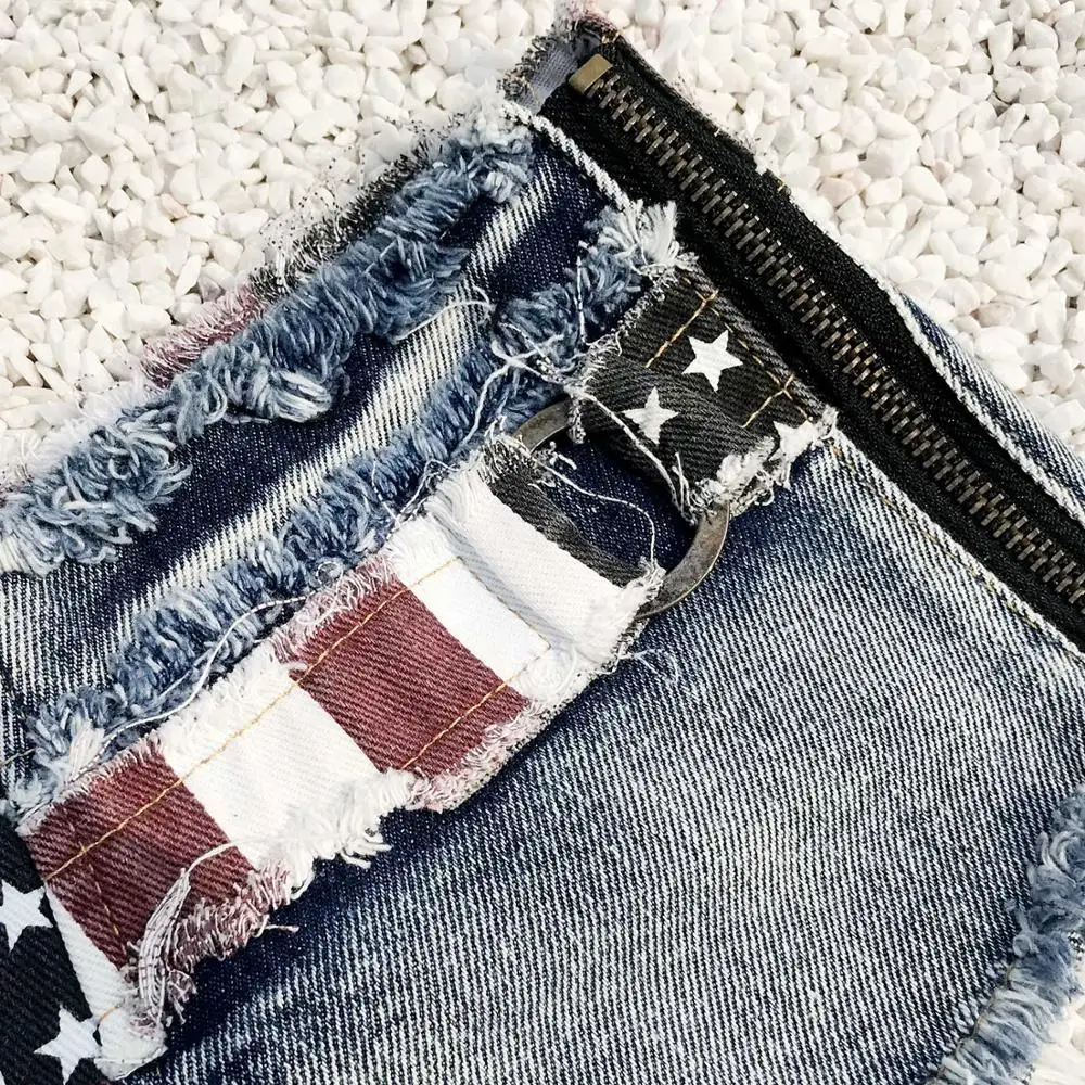 

Women Sexy Denim Shorts Flag Prints Patchwork Club Style Adjustable Drawstring Fly Low Waist Zipper Super Short Pockets Vestidos