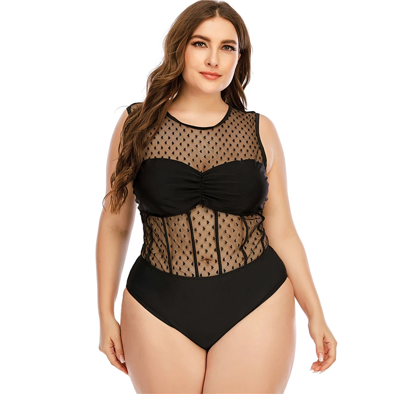 

Sexy Black Mesh Patchwork One Piece Swimsuit Women 2023 Plus Size 5XL Swimwear Female High Waist Swimming Bathing Suit Beachwear