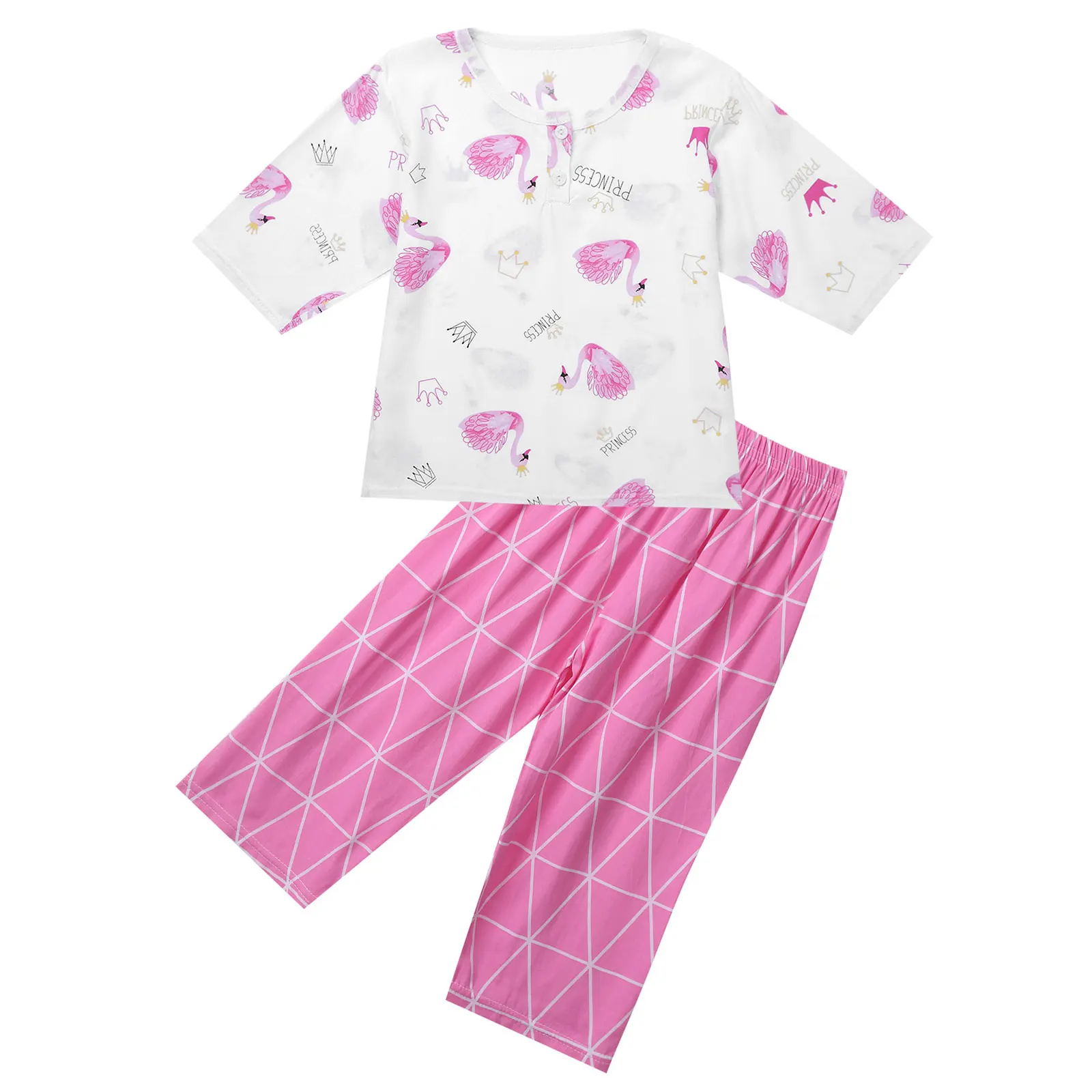 

Летняя Детская Пижама для отдыха, наряды, футболка с милым рисунком фламинго и штаны, пижамный комплект, домашняя одежда, хлопковые детские ...