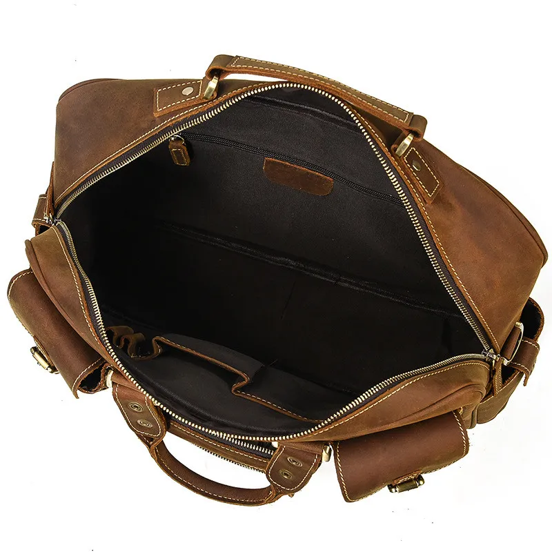 Vintage crazy horse cowhide men's briefcase business travel genuine leather handbag multi-pocket laptop shoulder messenger bag