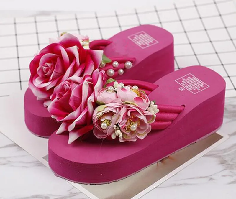 rose red Самая популярная модель года; Новинка; Вьетнамки ручной работы с цветами и жемчугом; Летняя женская обувь; сандалии; обувь на танкетке; женские сандалии - Цвет: rose red
